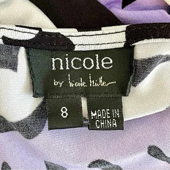 Nicole Miller Size 8 Faux Wrap Dress Scroll Design V Neck Purple Black Stretch - Picture 8 of 10